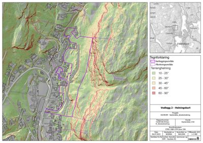 Helningskart (terrengkart) som viser terrengformingen i et område med overlagte bygningsplasseringer og kartleggingsområder.