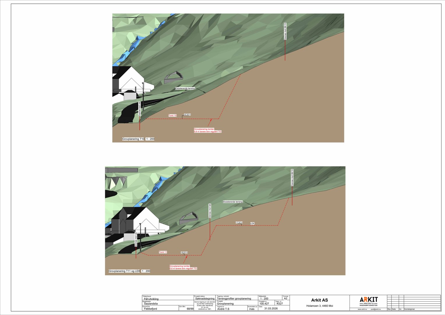 3D-visualisering (rendering) som viser to ulike alternativer for terrengform og plassering av en bygning i et kupert landskap.