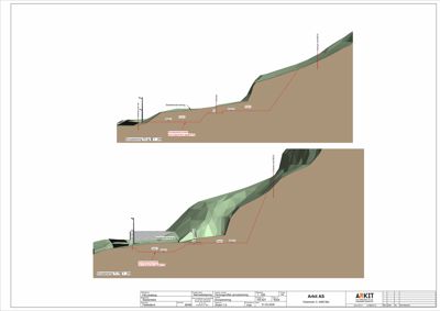 3D-visualisering (rendering) som viser etasjeplaner med terrengform og bygningens plassering i forhold til terrenget.