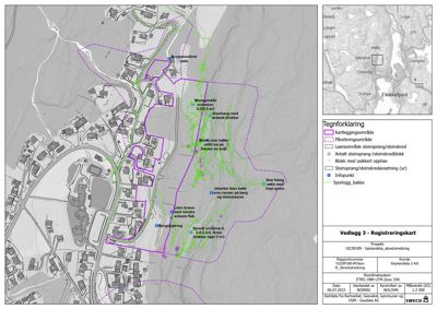 Situasjonsplan (Registreringskart) som viser kartleggingsområde, påvirkningsområde og steinsprang i et område ved Søylandlia.
