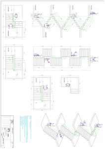 Dette bildet viser en teknisk tegning med detaljerte oppriss av trapper og rammer. Tegningen inneholder mål, konstruksjonslinjer og et teknisk tegningshode i bunnen.