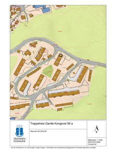 Situasjonsplan som viser bygningenes plassering i forhold til veier og terreng i Gamle Kongevei.