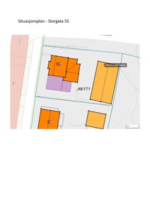 Situasjonsplan for Storgata 55 som viser tomtegrenser, bygningers plassering og adresse.