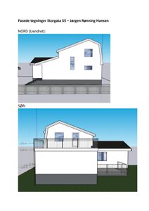 Bildet viser fasadetegninger for en bygning (Storgata 55) sett fra nord og sør, inkludert mål og detaljer som trapp og hekk.