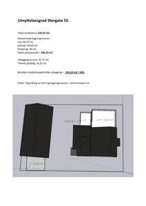 Situasjonsplan som viser eksisterende og planlagt utbygging på tomta i Storgata 55, med oppgitt arealer for hus, garasje, parkering og nye etasjer.