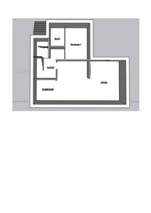 Etasjeplan som viser romfordeling med stue, kjøkken, gang, soverom og bad.