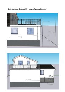 Bildet viser snittegninger (tverrsnitt) av en bygning med mål og høyder angitt. Tittelen bekrefter at det er snitttegninger.