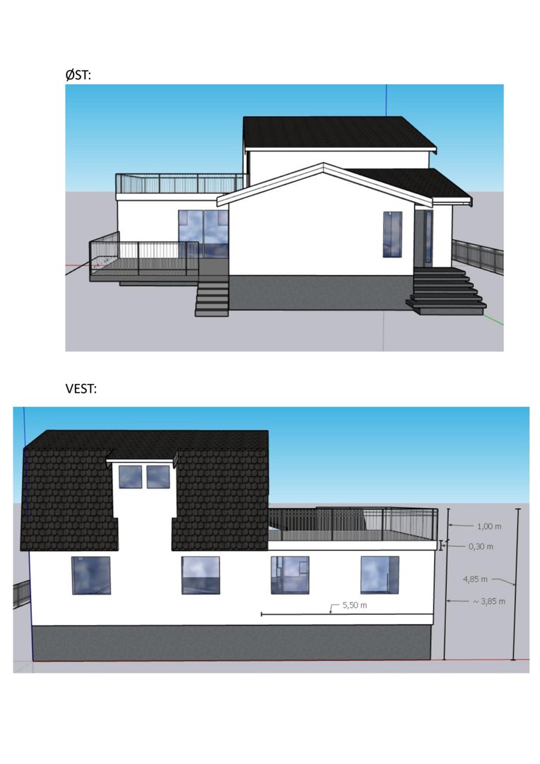 Bildet viser fasadetegninger (opprikk) av en bygning sett fra øst og vest, inkludert mål på høyder og bredder.
