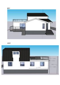 Bildet viser fasadetegninger (opprikk) av en bygning sett fra øst og vest, inkludert mål på høyder og bredder.