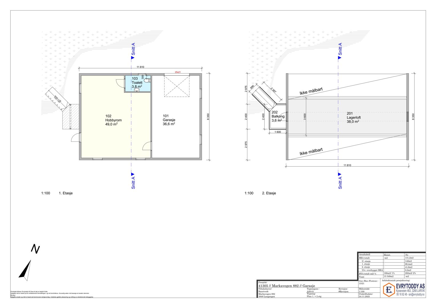 Etasjeplaner for en bygning, som viser romfordeling, arealer og veggposisjon for 1. og 2. etasje.