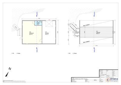 Etasjeplaner for en bygning, som viser romfordeling, arealer og veggposisjon for 1. og 2. etasje.