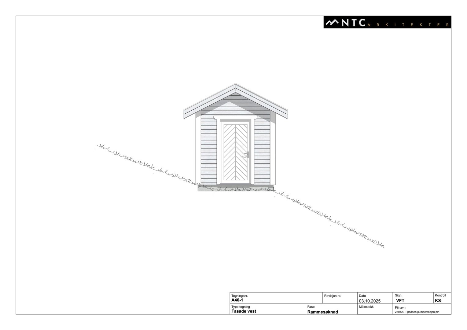 Fasadetegning (rammesøknad) av en liten bygning sett fra vest.