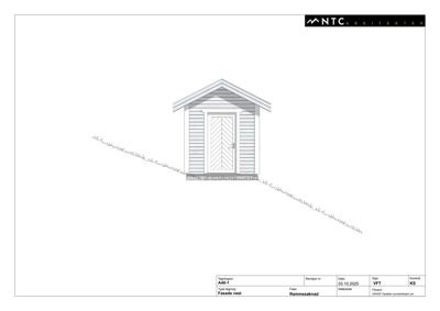 Fasadetegning (rammesøknad) av en liten bygning sett fra vest.