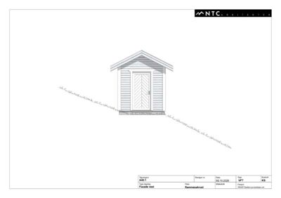 Fasadetegning (rammesøknad) av en liten bygning sett fra vest.