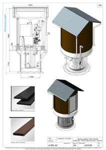 Tegning som viser et teknisk oppriss (snitt) av en pumpestasjon (Pumping Station 1600 VAKOM) med dimensjoner, samt detaljer for tak- og fasadematerialer.