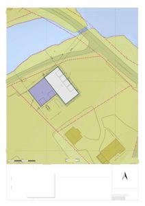 Situasjonsplan som viser eksisterende byggverk, omsøkt tiltak, vei (Østsideveien), høydemålinger og nabolag.
