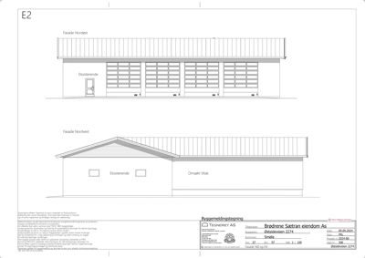 Fasadetegning som viser eksisterende og planlagt tiltak for bygningen på Østbåthaven 2274.