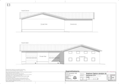Fasadetegning som viser etasjefordeling, vinduer og dører for en bygning sett fra sørvest.