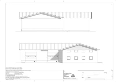 Fasadetegning som viser etasjefordeling, vinduer og dører for en bygning sett fra sørvest.