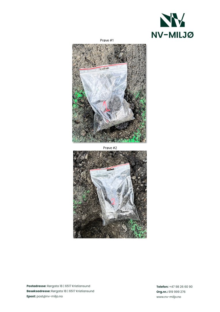Fotografier av to jordprøver (Prøve #1 og Prøve #2) i plastposer, tatt på byggeplass eller utgravning.