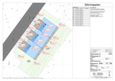Stikningsplan som viser tomtegrenser, eiendomsnummer og byggeareal for et prosjekt i Furuhauget 30.