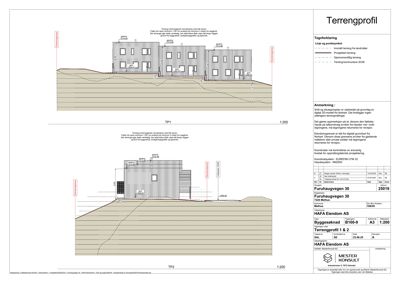 Snittegning som viser terrengprofil og bygningens plassering i forhold til terrenget.