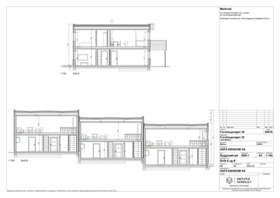Snittegning (Snitt A og Snitt B) som viser tverrsnittet av bygningen med romfordeling og høyder.