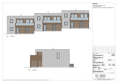 Fasadetegning av en bolig med to etasjer, vist fra to ulike vinkler (Fasade 1 og Fasade 2).