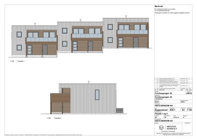 Fasadetegning som viser fronten på en bygning med to etasjer, balkonger og vinduer.