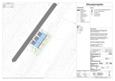 Situasjonsplan som viser bygningens plassering på tomten i forhold til naboeiendommer og vegger.