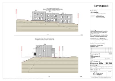 Tverrsnitt av bygning og terrengprofil (terrengprofil) som viser høydeforskjeller og bygningens plassering i forhold til terrenget.