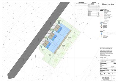 Etasjeplan (Utomhusplan) som viser romfordeling, arealer og bygningens plassering på tomten.