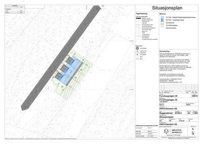 Situasjonsplan som viser tomtens form, bygningens plassering, tilknyttede veier og nabolag.