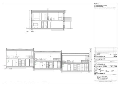 Snittegning (Snitt A og Snitt B) som viser tverrsnittet av bygningen med romfordeling og høyder.