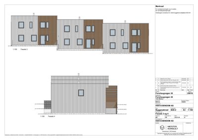 Fasadetegning som viser fronten av en bygning sett fra utsiden, med angitte fasadenummer (Fasade 3 og 4) og skala.