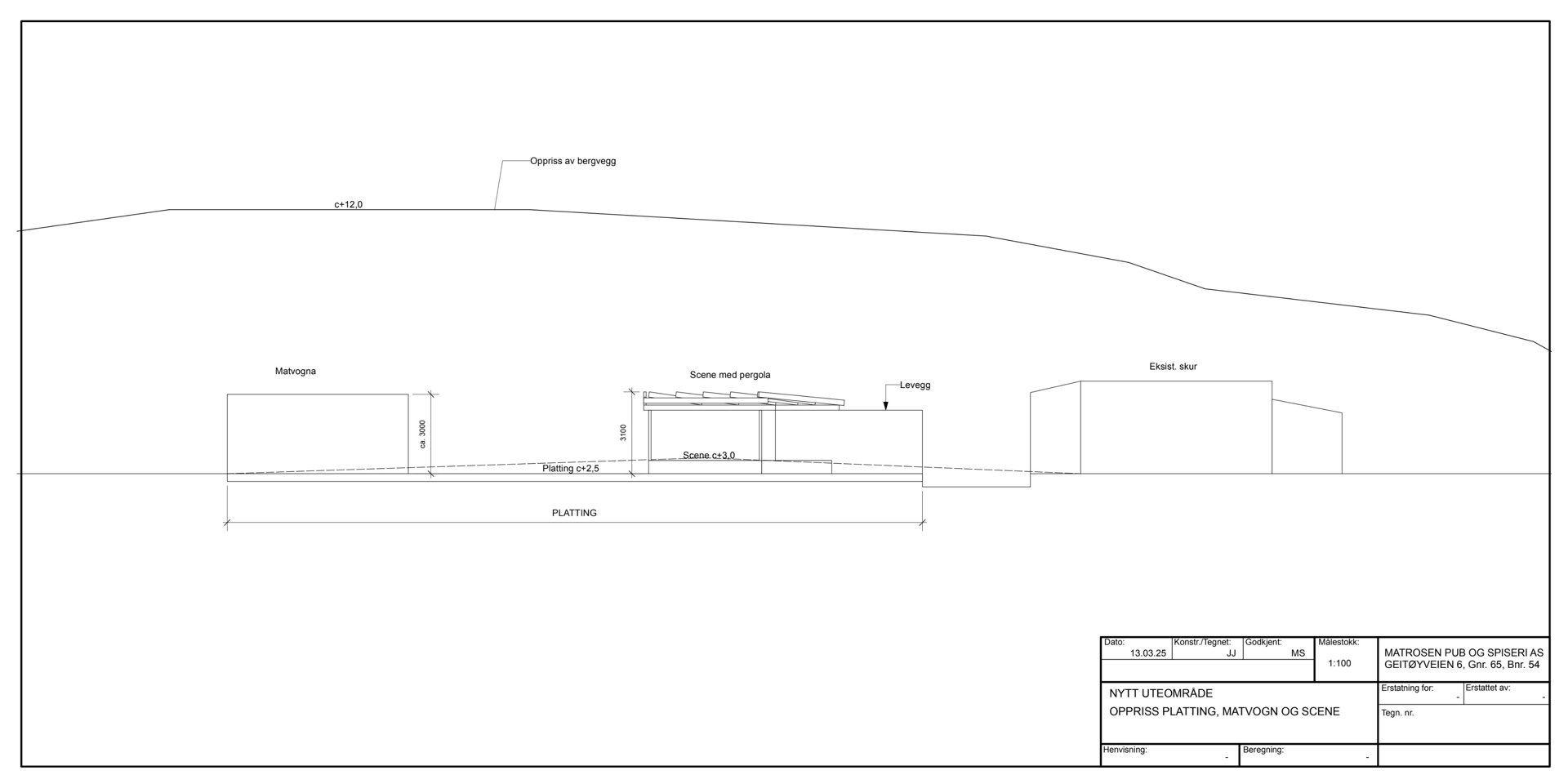 Oppriss (fasetegning) av et nytt utområde med platting, scene og elskt skur.