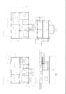 Bildet viser en tegning med etasjeplaner (romfordeling) og fasadeopprikk for en bygning.