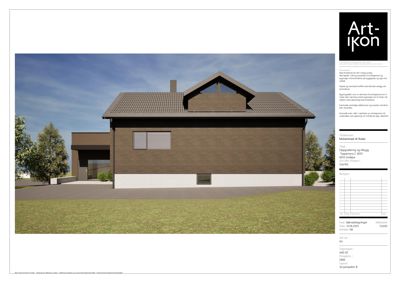 Fotografi av en ferdig eller planlagt villa sett fra fronten, med tekstbeskrivelse og tegningsdata.