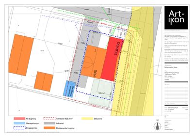 Situasjonsplan som viser tomtens grenser, eksisterende og planlagt bygninger, adkomstveier, støysoner og tomteareal.