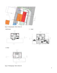 Bildet viser en side fra en byggesak som inneholder en situasjonsplan øverst, og plantegninger for kjeller, 1. etasje og 2. etasje nedenfor.