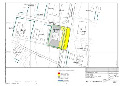 Situasjonsplan som viser tomtens plassering i forhold til nabolag, vegnett og støysoner.
