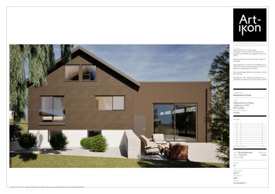 3D-visualisering av en planlagt bolig med tekstbeskrivelse av prosjektet og teknisk informasjon.