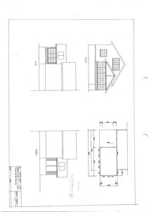 Fasadetegning som viser bygningens utseende fra fire sider (Nord, Vest, Syd og en fjerde side), med angitte mål og vindusoppsett.