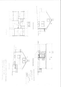 Bildet viser en tegning med etasjeplan (romfordeling) og fasadeopprikk for en bygning.