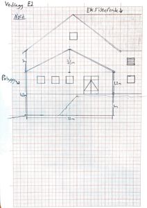 Håndtegnet oppriss (fasade) av en bygning sett fra nord, med mål på høyder og bredder.