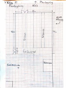 En håndtegnet plantegning (vedlegg E1) som viser romfordeling, mål og orientering (NORD) for en bygning.