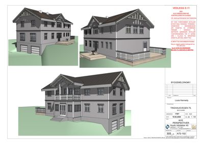 Bildet viser tre 3D-perspektivtegninger (renderinger) av en planlagt villa, inkludert front, side og bakside. Tegningene er en del av en byggeomelding.