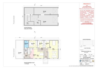 Plantegning av eksisterende hus med romfordeling og mål på 1. etasje og kjeller.