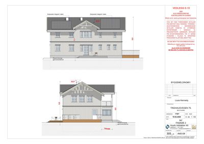 Fasadetegning som viser front- og sideoppsettet av en bolig med mål og detaljer.