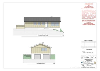 Fasadetegning som viser bygningens utseende fra nord/vest og syd/vest.